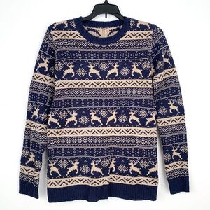 Fair isle reindeer sweater navy & cream pullover Christmas sweater fits xs-small